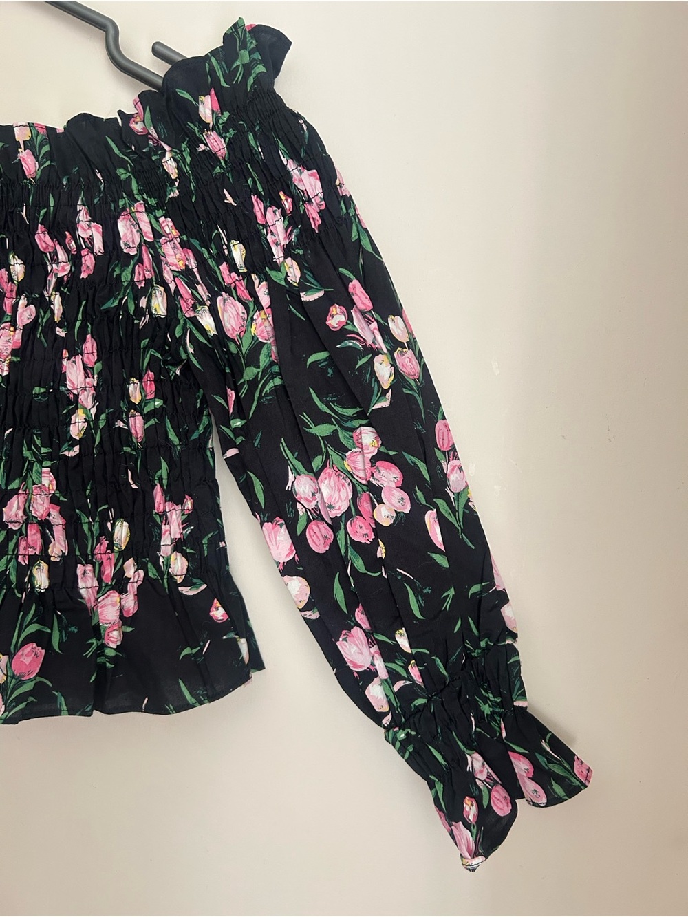 Floral Off-Shoulder Smocked Blouse - Black/Pink